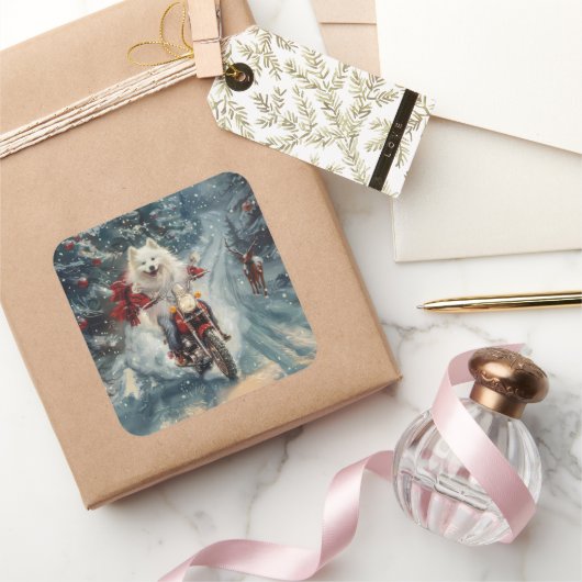 アメリカのエスキモー犬オートバイクリスマスに乗る スクエアシール (ギフト)