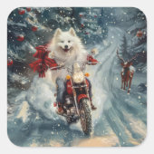 アメリカのエスキモー犬オートバイクリスマスに乗る スクエアシール (正面)