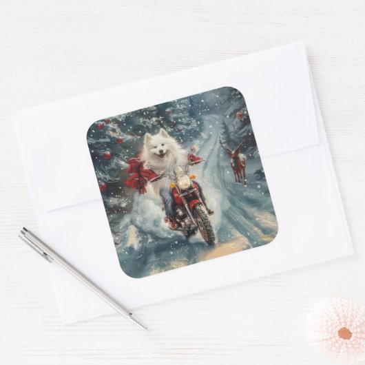 アメリカのエスキモー犬オートバイクリスマスに乗る スクエアシール (封筒)