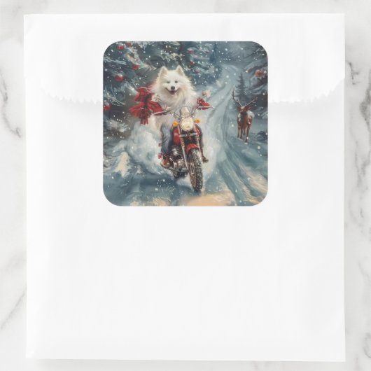 アメリカのエスキモー犬オートバイクリスマスに乗る スクエアシール (バッグ)