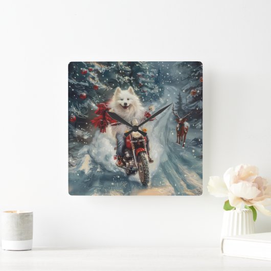 アメリカのエスキモー犬オートバイクリスマスに乗る スクエア壁時計 (ホーム)