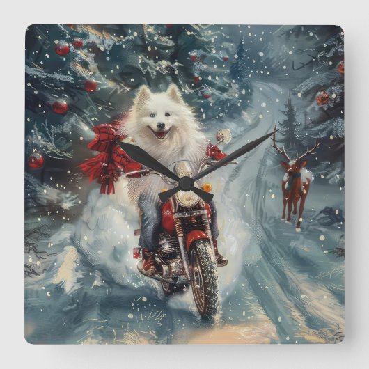 アメリカのエスキモー犬オートバイクリスマスに乗る スクエア壁時計 (正面)