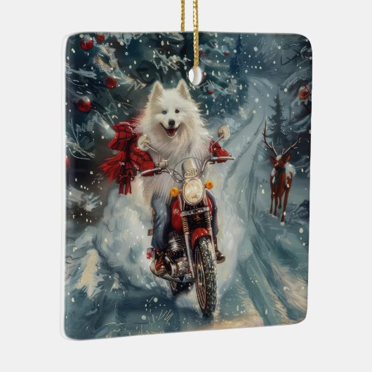 アメリカのエスキモー犬オートバイクリスマスに乗る セラミックオーナメント (右)