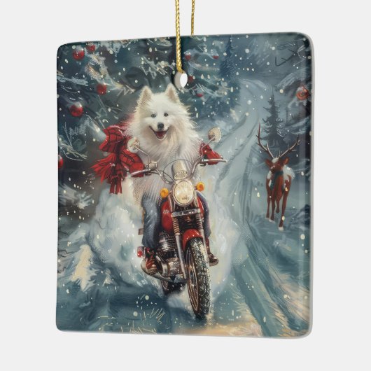 アメリカのエスキモー犬オートバイクリスマスに乗る セラミックオーナメント (左)