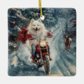 アメリカのエスキモー犬オートバイクリスマスに乗る セラミックオーナメント (正面)