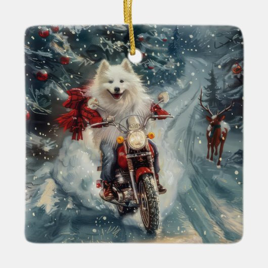 アメリカのエスキモー犬オートバイクリスマスに乗る セラミックオーナメント (正面)