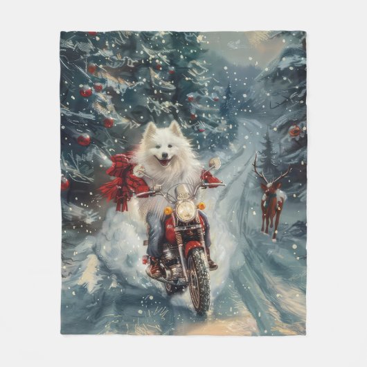 アメリカのエスキモー犬オートバイクリスマスに乗る フリースブランケット (正面)