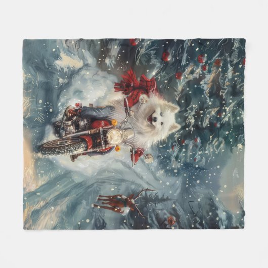 アメリカのエスキモー犬オートバイクリスマスに乗る フリースブランケット (正面(横))