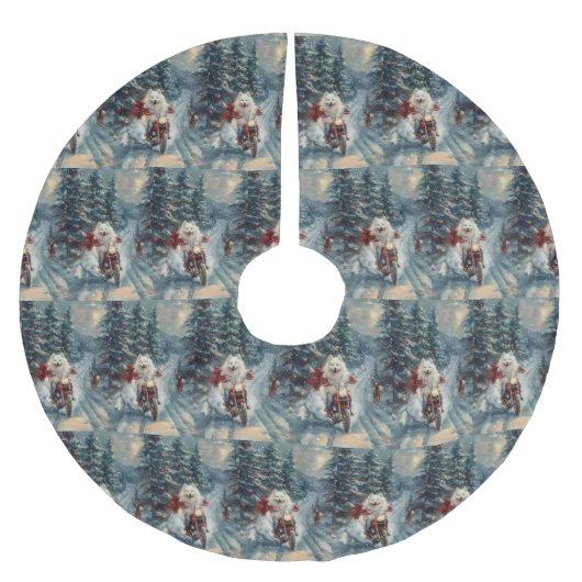 アメリカのエスキモー犬オートバイクリスマスに乗る ブラッシュドポリエステルツリースカート (正面)