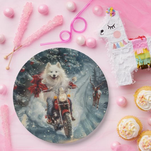 アメリカのエスキモー犬オートバイクリスマスに乗る ペーパープレート (パーティー)