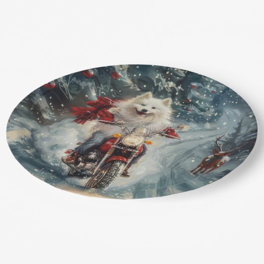 アメリカのエスキモー犬オートバイクリスマスに乗る ペーパープレート (アングル)