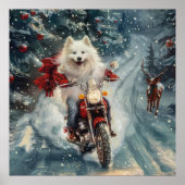 アメリカのエスキモー犬オートバイクリスマスに乗る ポスター (正面)