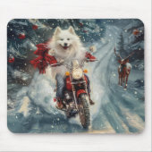 アメリカのエスキモー犬オートバイクリスマスに乗る マウスパッド (正面)
