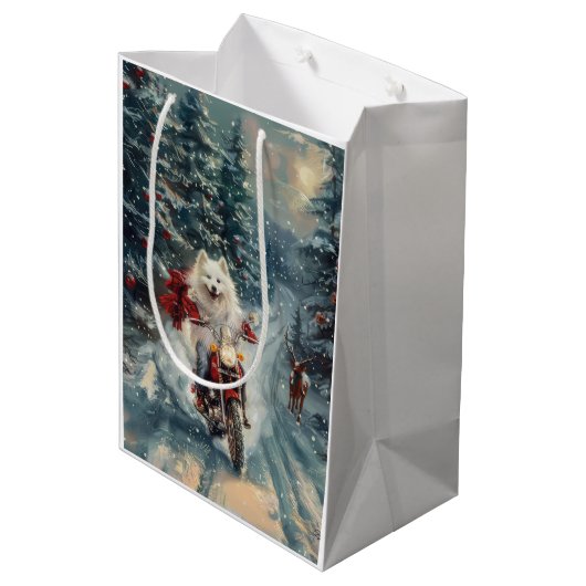 アメリカのエスキモー犬オートバイクリスマスに乗る ミディアムペーパーバッグ (裏面アングル)