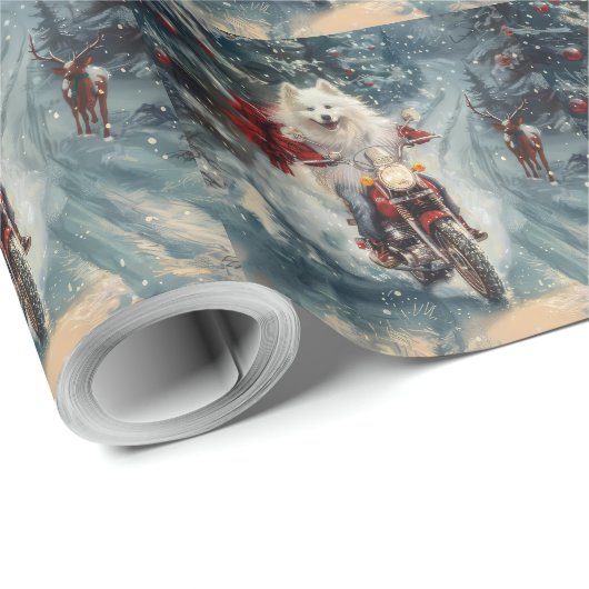 アメリカのエスキモー犬オートバイクリスマスに乗る ラッピングペーパー (ロールコーナー)