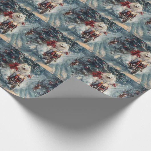 アメリカのエスキモー犬オートバイクリスマスに乗る ラッピングペーパー (角)