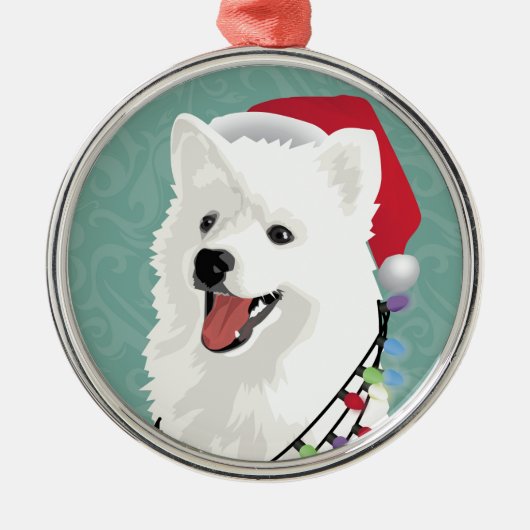 アメリカのエスキモーSamoyedかわいい子犬のクリスマス メタルオーナメント (正面)