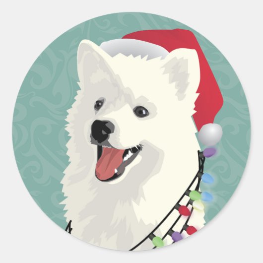 アメリカのエスキモーSamoyedかわいい子犬のクリスマス ラウンドシール (正面)