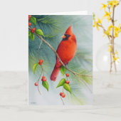 アメリカのカーディナル鳥の水彩画アート カード (黄色い花)