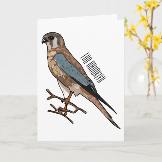 アメリカのケストレル鳥の漫画イラストレーション カード (黄色い花)