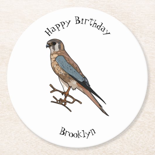 アメリカのケストレル鳥の漫画イラストレーション ラウンドペーパーコースター (正面)