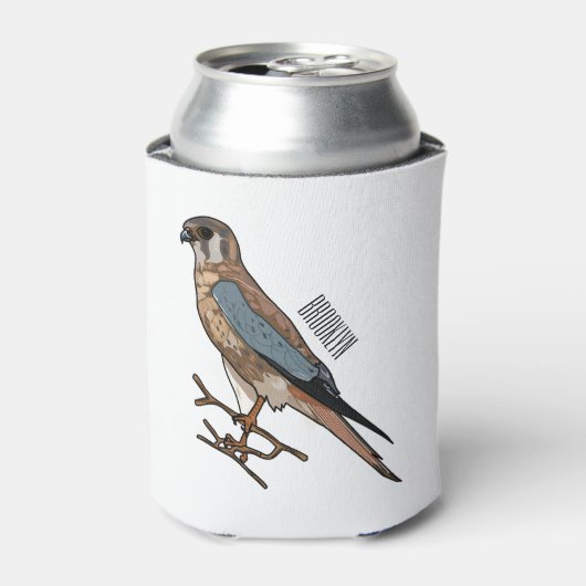 アメリカのケストレル鳥の漫画イラストレーション 缶クーラー (缶正面)