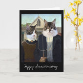 アメリカのゴシックおもしろい猫の記念日 カード (黄色い花)