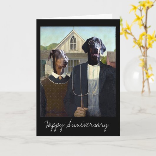 アメリカのゴシック様式おもしろいなドーベルマン犬犬記念日 カード (黄色い花)