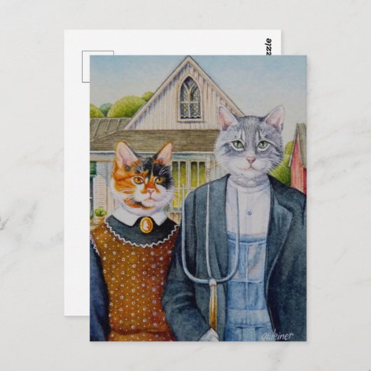 アメリカのゴシック絵画様式パロディの水彩画 ポストカード (正面/裏面)