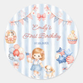アメリカのストライプの女の子の誕生日パーティー ラウンドシール (正面)