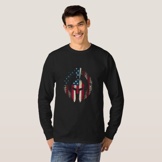 アメリカのスパルタン戦士ヘルメット愛国国旗 Tシャツ (正面フル)
