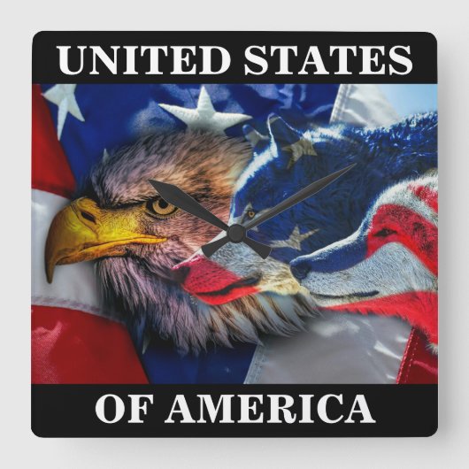 アメリカのハゲ・イーグル・ウルフ国旗 スクエア壁時計 (正面)