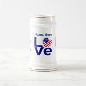 アメリカのハート型国旗 青いLOVE 名前入り ビールジョッキ (中央)
