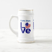 アメリカのハート型国旗 青いLOVE 名前入り ビールジョッキ (左)