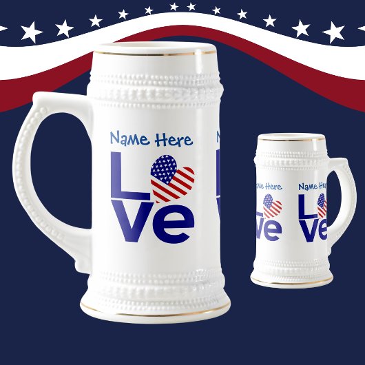 アメリカのハート型国旗 青いLOVE 名前入り ビールジョッキ