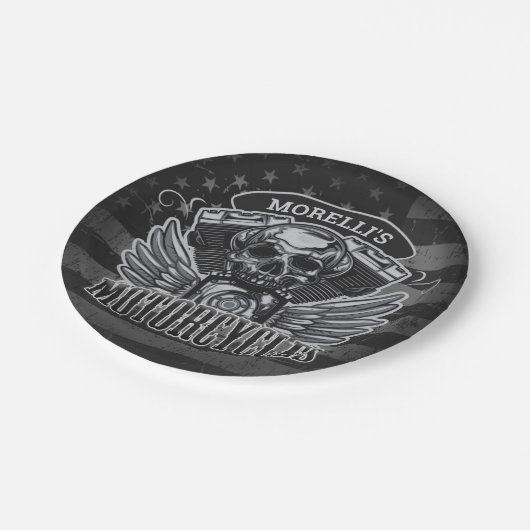 アメリカのバイクもしくは自転車に乗る人ADD NAMEスカルV – ツインバイク ペーパープレート (アングル)