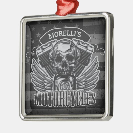 アメリカのバイクもしくは自転車に乗る人ADD NAMEスカルV – ツインバイク メタルオーナメント (左)