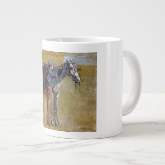 アメリカのバッドランド：馬と古い西カウボーイ ジャンボコーヒーマグカップ (正面右)