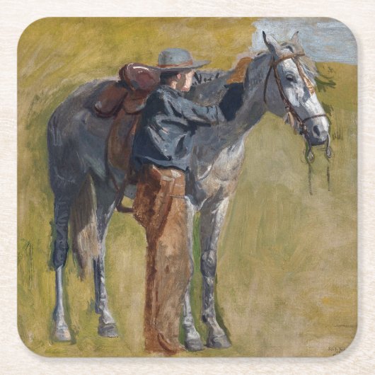 アメリカのバッドランド：馬と古い西カウボーイ スクエアペーパーコースター (正面)