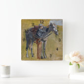 アメリカのバッドランド：馬と古い西カウボーイ スクエア壁時計 (ホーム)