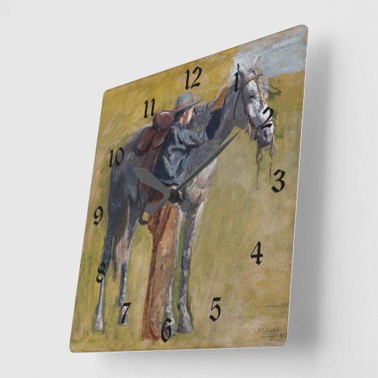 アメリカのバッドランド：馬と古い西カウボーイ スクエア壁時計 (傾斜)