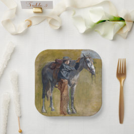 アメリカのバッドランド：馬と古い西カウボーイ ペーパープレート