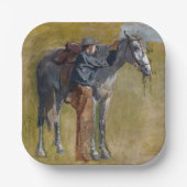 アメリカのバッドランド:馬と古い西カウボーイ ペーパープレート (正面)