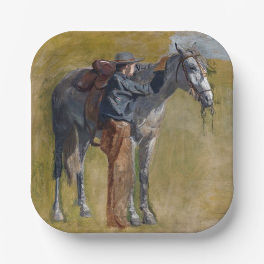 アメリカのバッドランド:馬と古い西カウボーイ ペーパープレート (正面)