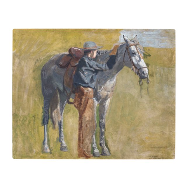 アメリカのバッドランド：馬と古い西カウボーイ メタルプリント (正面)
