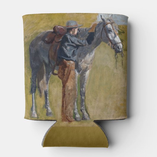 アメリカのバッドランド:馬と古い西カウボーイ 缶クーラー (裏面)