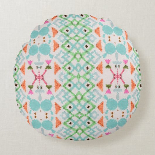 アメリカのパターン。イカットシームレスプリント。ヴィンテージ ラウンドクッション (正面)