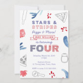 アメリカのピザパーティーの男の子または女の子4th誕生日 招待状 (正面)