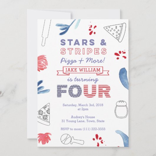 アメリカのピザパーティーの男の子または女の子4th誕生日 招待状 (正面)