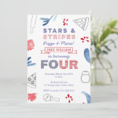 アメリカのピザパーティーの男の子または女の子4th誕生日 招待状 (スタンド正面)